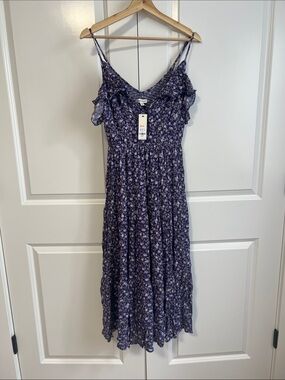 Francesca's Collections Purple Floral Ruffle Midi Dress